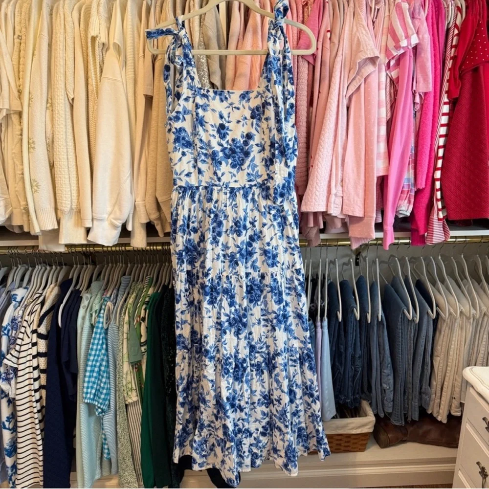 Tuckernuck Blue and White Floral Midi Dress with Tie Straps - Picture 3 of 6